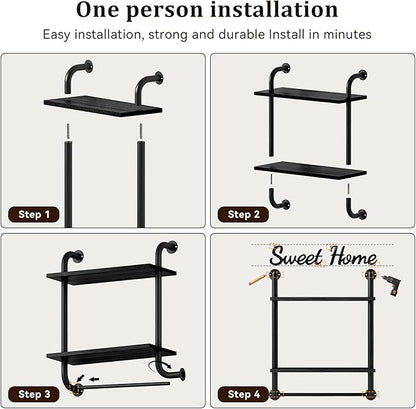 Tinpin Bathroom Shelves Wall Mounted, Rustic Farmhouse Pipe Shelves, Wall Shelves 2-Tier, Industrial Pipe Shelving, Floating Shelf Decor for Bathroom, Bedroom, Living Room Thanksgiving 17.3in Black