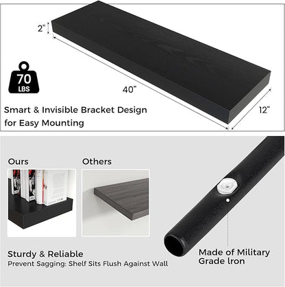 Venusmiles Floating Shelves for Wall, 40" W x 12" D x 2" H, 1 Pack of Long Wall Mounted Engineered Wood Shelves with Invisible Brackets for Living Room, Bedroom, Bathroom, Kitchen Decor, Black