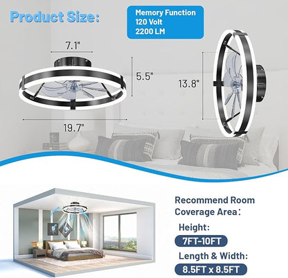 Low Profile Bladeless Ceiling Fan with Lights & Remote - 19.7" Flush Mount Fandelier Light Fan for Bedroom/Kitchen, 3000-6000K Dimmable LED, 6-Speed Modern Fan with Lights for Home/Office