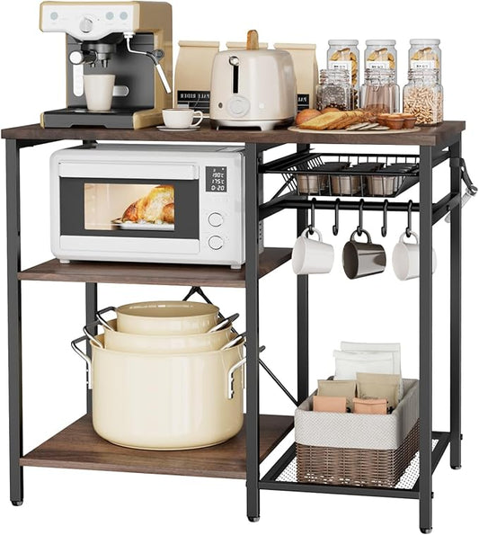 VEVOR Bakers Rack, 35.4 inch Width Microwave Stand,Kitchen Stand with X-Shaped Support Bar & 5 S-Shaped Hooks,Kitchen Storage Shelf for Dish Storage, Spice Jars, Coffee Bar Organization