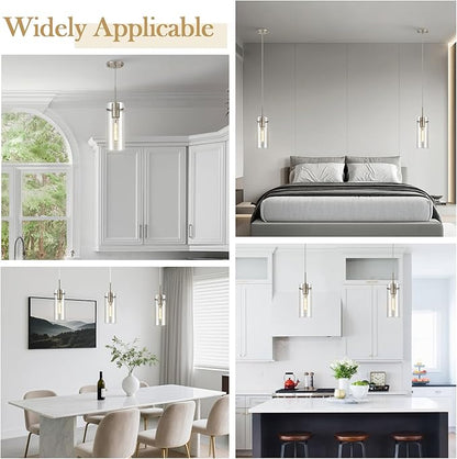 Glass Brushed Nickel Pendant Light, 3 Pack Modern Kitchen Island Pendant Lighting with Ribbed Glass, Adjustable Cord Pendant Light for Over Island, Dining Room, Bathroom, Bedroom