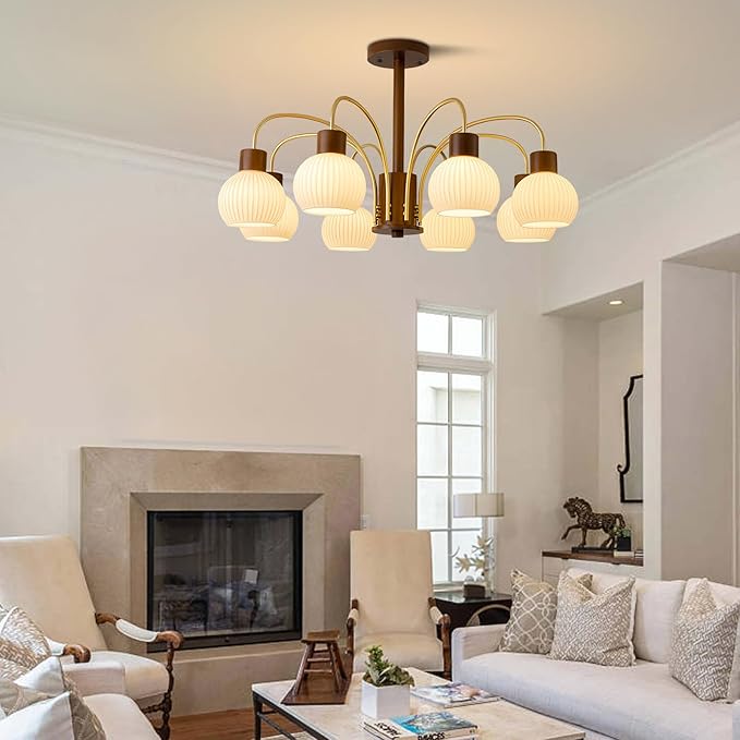 KCO Lighting Rustic Wood Sputnik Ceiling Light Fixture Ribbed Milk Glass Pendant Lights Kitchen Island 8 Lights Vintage Farmhouse Chandelier Lighting Modern White Gold Globe Chandelier