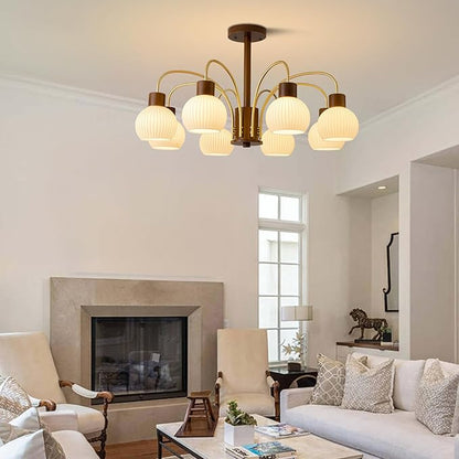 KCO Lighting Rustic Wood Sputnik Ceiling Light Fixture Ribbed Milk Glass Pendant Lights Kitchen Island 8 Lights Vintage Farmhouse Chandelier Lighting Modern White Gold Globe Chandelier