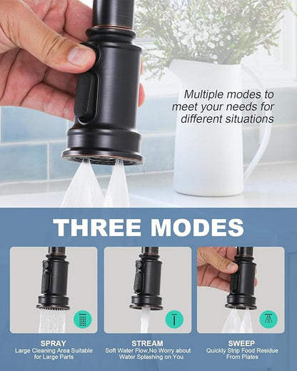 Bridge Faucet for Kitchen Sink Bronze: 3 Hole Solid Brass Farmhouse Kitchen Faucet with Pull Down Sprayer, 2 Handle 8 Inch Centerset High Arched Faucet with 360° Swivel Spout, Oil Rubbed Bronze
