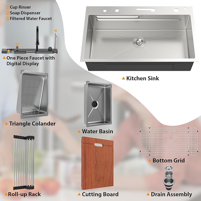 Mocoloo 33 Inch Honeycomb Waterfall Kitchen Sink Drop in, 33x19 Inch Stainless Steel Workstation Sink 16 Gauge Topmount Single Bowl Sink with Complete Kit
