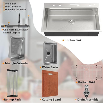 Mocoloo 33 Inch Honeycomb Waterfall Kitchen Sink Drop in, 33x19 Inch Stainless Steel Workstation Sink 16 Gauge Topmount Single Bowl Sink with Complete Kit
