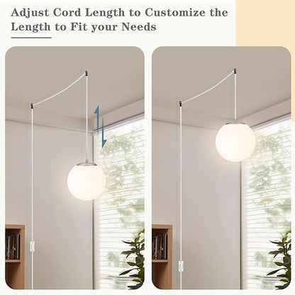 KoKo&Yukina 10" Globe Pendant Light Nickel Plug in Pendant Light Adjustable Hanging Lights with Plug in Cord Nickel Finished with Milk Glass Lampshade for Bedroom Kitchen Island (Bulb Included)
