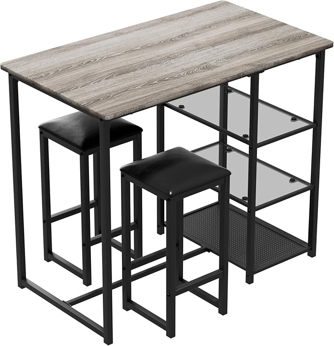 VECELO Dining Table Set for 2 with 3 Storage Shelves,Counter Height Kitchen Table and Chairs with Pu Cushion Chairs & Wood Top for Small Space,Dining Room,Apartment，Light Gray