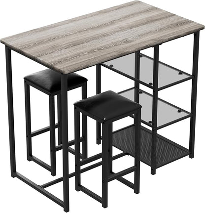 VECELO Dining Table Set for 2 with 3 Storage Shelves,Counter Height Kitchen Table and Chairs with Pu Cushion Chairs & Wood Top for Small Space,Dining Room,Apartment，Light Gray