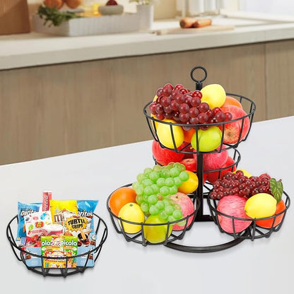 Livabber Fruit Basket Bowl, Metal Fruit Vegetable Storage Basket for Kitchen Counter, Large Capacity Vegetable Holder Rack Detachable Organizer for Bread Snack Produce (Black, 5-Tier Metal Base)