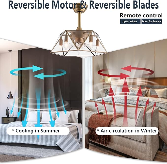 OUKANING Caged Fandelier Ceiling Fan with Light, Golden Ceiling Fans with Remote Control & Noiseless 35db - Farmhouse Rustic Bladeless Ceiling Fans Chandelier Retro Lighting Fixture (Pentagram)
