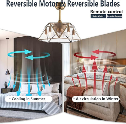OUKANING Caged Fandelier Ceiling Fan with Light, Golden Ceiling Fans with Remote Control & Noiseless 35db - Farmhouse Rustic Bladeless Ceiling Fans Chandelier Retro Lighting Fixture (Pentagram)