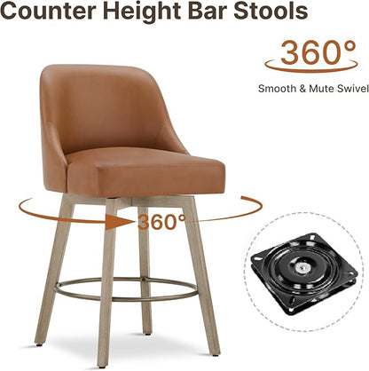 Counter Height Bar Stools Set of 2, Modern Swivel Barstools with Back and Wood Legs, Faux Leather Upholstered Bar Chairs, 26" Seat Height Counter Stools for Kitchen Island,Brown