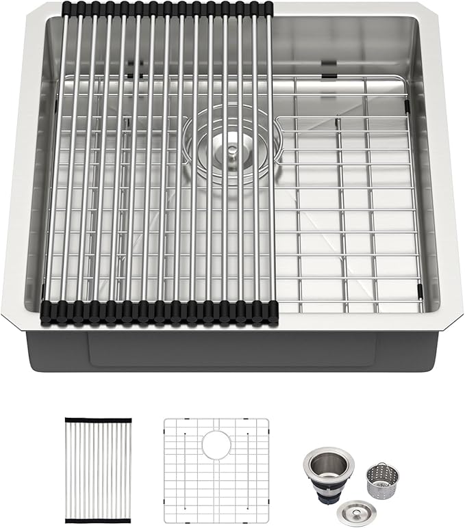 Kichae 18 Inch Undermount Kitchen Sink Single Bowl 16 Gauge Stainless Steel Handmade Modern Bar Prep 5" ADA Small Kitchen Sink Round Corner