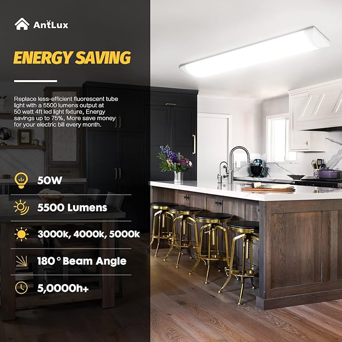 ANTLUX 4FT LED Wraparound Puff Lights, 50W/5500LM, 3 Color Temperature Dimmable LED Wrap Light, 4 Foot LED Flush Mount Ceiling Lights, 48 Inch LED Light Fixtures for Kitchen Laundry Office, White