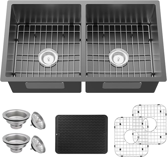 Black Kitchen Sink, 50/50 Double Bowl 33x19x8 Inch Undermount Stainless Steel Drop In Large Kitchen Sink Combo-Stainless Grid, Silicon Mat, Installation Clips For Modern SS Stylish Kitchen&Bar