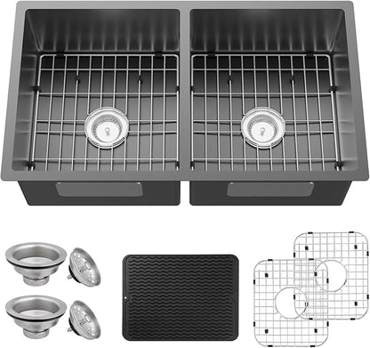 Black Kitchen Sink, 50/50 Double Bowl 33x19x8 Inch Undermount Stainless Steel Drop In Large Kitchen Sink Combo-Stainless Grid, Silicon Mat, Installation Clips For Modern SS Stylish Kitchen&Bar