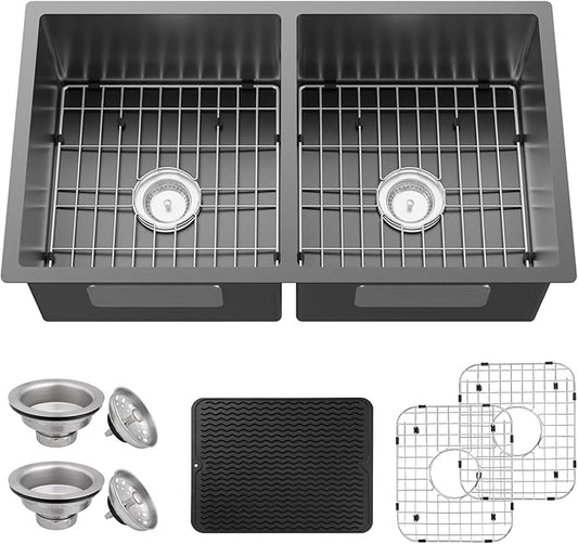 Black Kitchen Sink, 50/50 Double Bowl 33x19x8 Inch Undermount Stainless Steel Drop In Large Kitchen Sink Combo-Stainless Grid, Silicon Mat, Installation Clips For Modern SS Stylish Kitchen&Bar