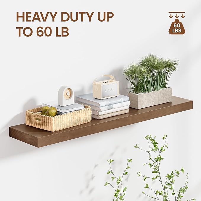 Heimlove Solid Wood Floating Shelves 36 inch, 8 Inch Deep Display Shelves Set of 2, Wall Mounted Floating Shelf with Invisible Brackets for Bathroom Bedroom Kitchen Living Room - American Walnut