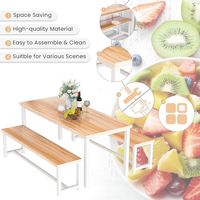 Recaceik 47" Dining Room Table Set with 2 Benches, Kitchen Dining Table Set for 4-6, Space Saving Kitchen Table and Chair Set for Dining Room, Small Space, Breakfast Nook(Walnut)