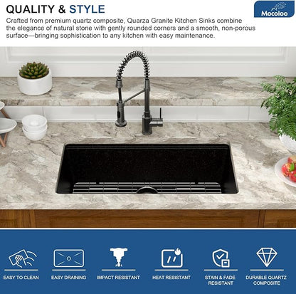 Mocoloo 33 Inch Black Granite Composite Kitchen Sink - 33x19 Undermount Ledge Workstation, Matte Black Quartz Single Bowl Under Counter Kitchen Sinks