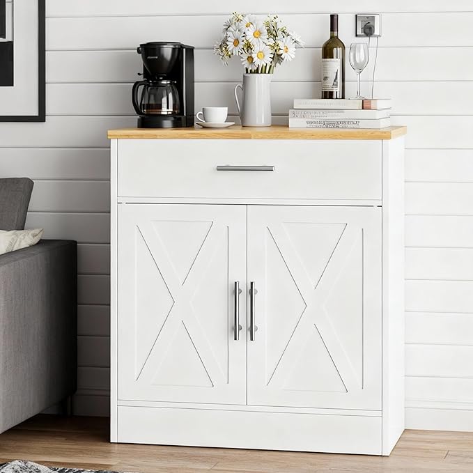 SUNLEI Coffee Bar Cabinet, Wooden Storage Cabinet with 2 Doors and 1 Drawers, Adjustable Shelf, Modern Farmhouse Kitchen Buffet Sideboard Cabinet with Storage for Kitchen, Rustic White&Yellow