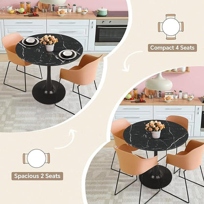 Round Dining Table 27.5" Faux Marble Black Tulip Table with Pedestal Base for 2-4 People Small Space - Kitchen Living Room Cafe