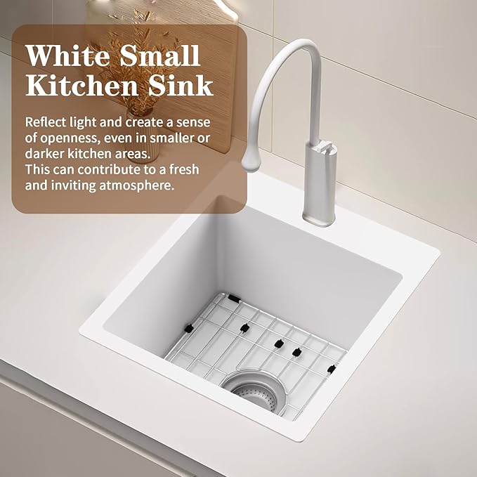 White Kitchen & Bar Sink, 15x17 Inch Stainless Steel Kitchen Sink Single Bowl Topmount Kitchen Sink With Sink Grid And Drain Assembly Bright White Bar Sink Enhance Aesthetic Appeal Of Modern Kitchen