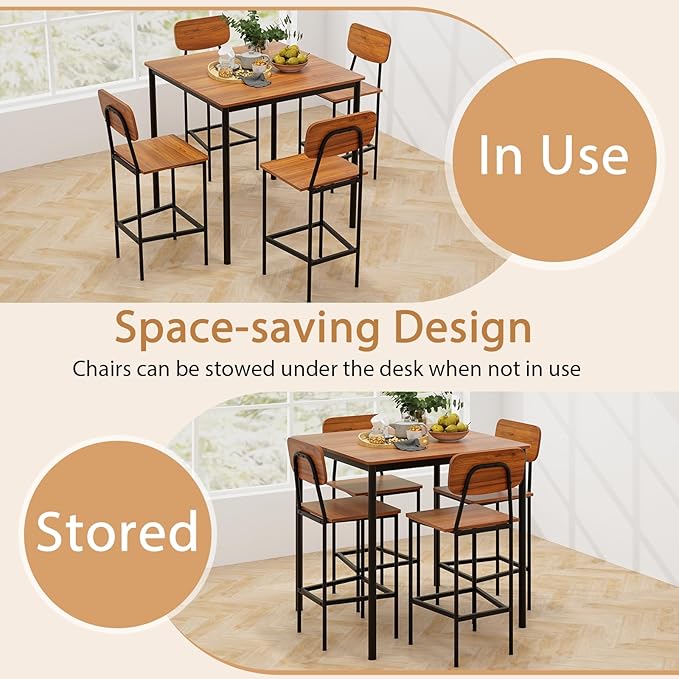 KOTEK 5-Piece Counter Height Dining Table Set, Industrial Kitchen Table and Chairs for 4, Space-Saving Dinette Set with Bar Stools for Dining Room, Pub, Restaurant (Walnut)