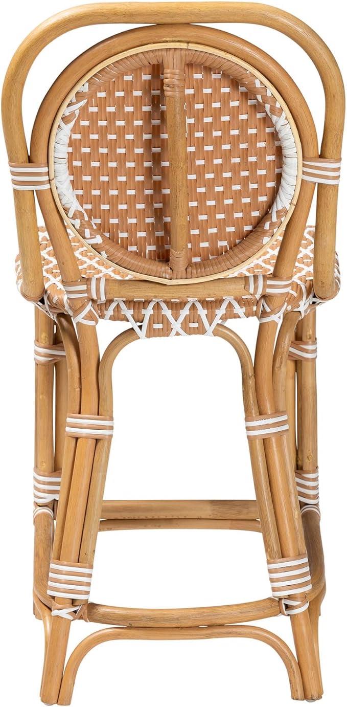 Bali & pari Mattie Rattan Bistro Counter Stool - Handwoven Accent Seating with Backrest for Kitchen Island or Indoor/Outdoor Lounge, Honey Natural & White