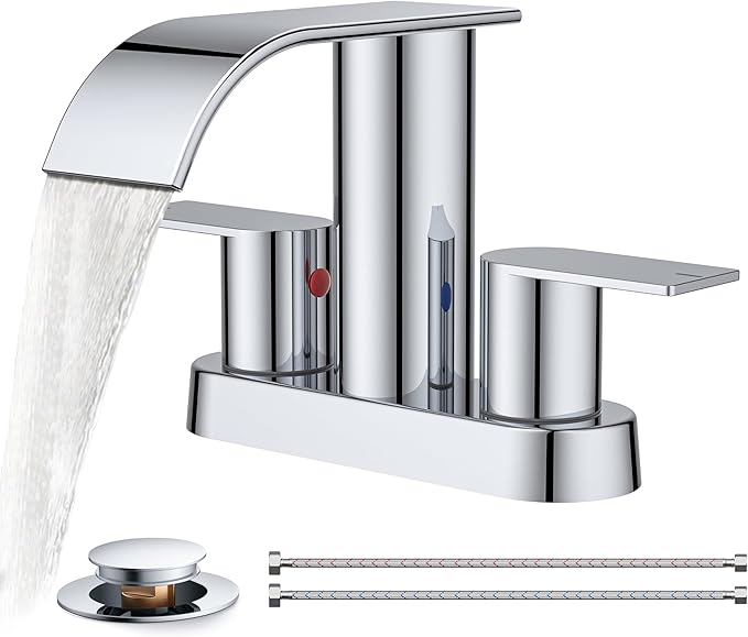 FORIOUS Chrome Bathroom Sink Faucet, Waterfall 4 Inch Centerset Bathroom Faucets with Metal Pop up Drain and cUPC Hose for Basin,Vanity, RV, Pedestal 2 or 3 Hole Sink