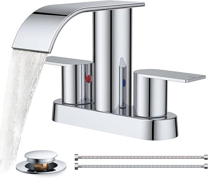 FORIOUS Chrome Bathroom Sink Faucet, Waterfall 4 Inch Centerset Bathroom Faucets with Metal Pop up Drain and cUPC Hose for Basin,Vanity, RV, Pedestal 2 or 3 Hole Sink