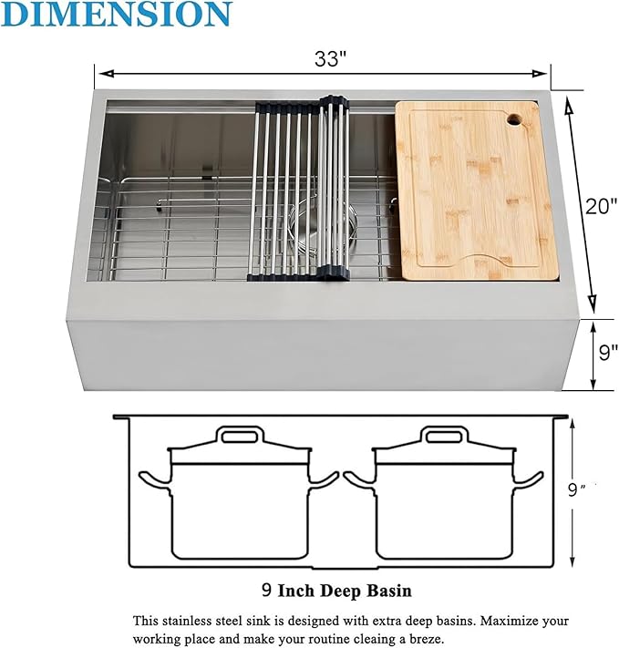 SHACO 33 Inch Stainless Steel Farmhouse Sink, 33x20 Single Bowl Ledge Workstation Flat Apron Front Farm Kitchen Sink with Cutting Board, Brushed Nickel