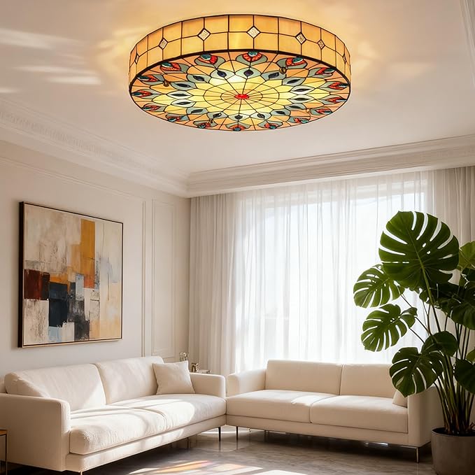 20" Vintage Stained Glass Ceiling Light, 4-Light Stained Glass Flush Mount Light Fixture, Chandelier Ceiling Pandent Lamp for Farmhouse Kitchen Island (Retro)