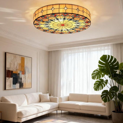 20" Vintage Stained Glass Ceiling Light, 4-Light Stained Glass Flush Mount Light Fixture, Chandelier Ceiling Pandent Lamp for Farmhouse Kitchen Island (Retro)