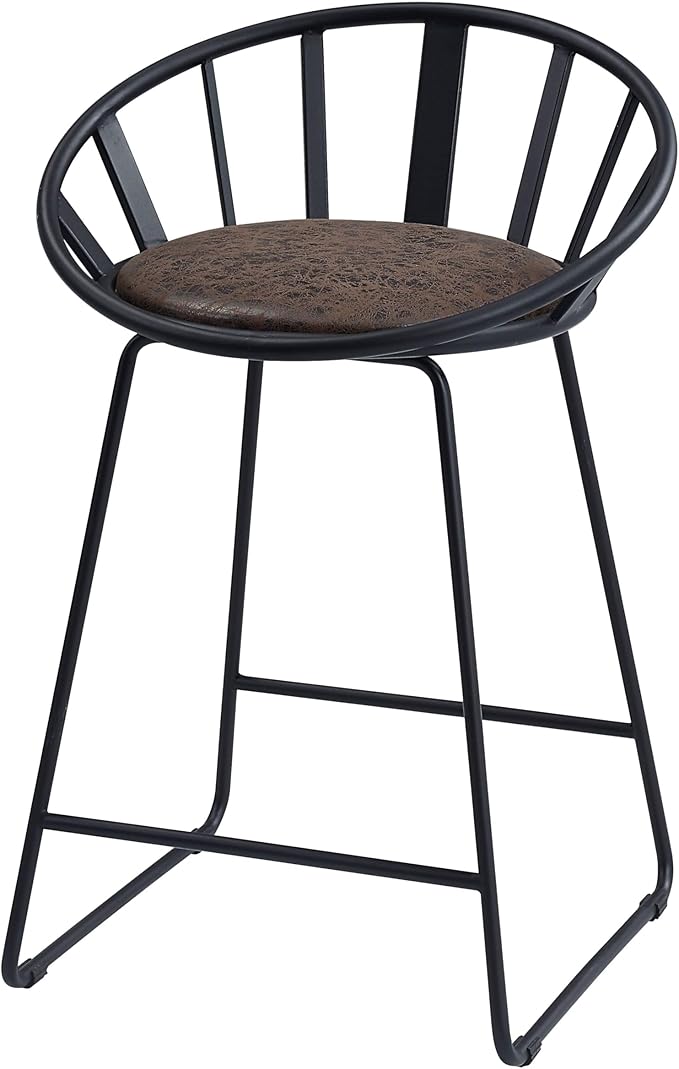 Brown & Black Counter Height Chairs for Kitchen Island, Two-Pack, Metal Sled Base & Faux Leather Upholstered Seats