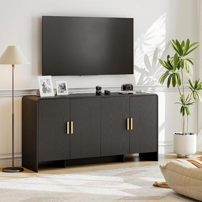 ONBRILL 60" Sideboard Buffet Cabinet with Storage, Curved Design Farmhouse Modern Coffee Bar Cabinet with 4 Doors & Adjustable Shelves for Living Room, Kitchen, Hallway, Black