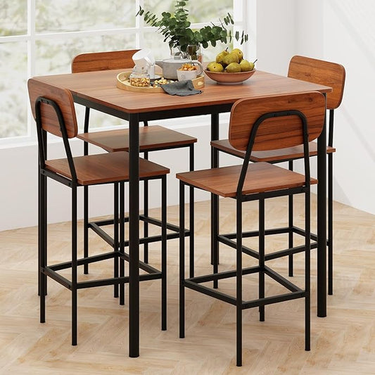 KOTEK 5-Piece Counter Height Dining Table Set, Industrial Kitchen Table and Chairs for 4, Space-Saving Dinette Set with Bar Stools for Dining Room, Pub, Restaurant (Walnut)