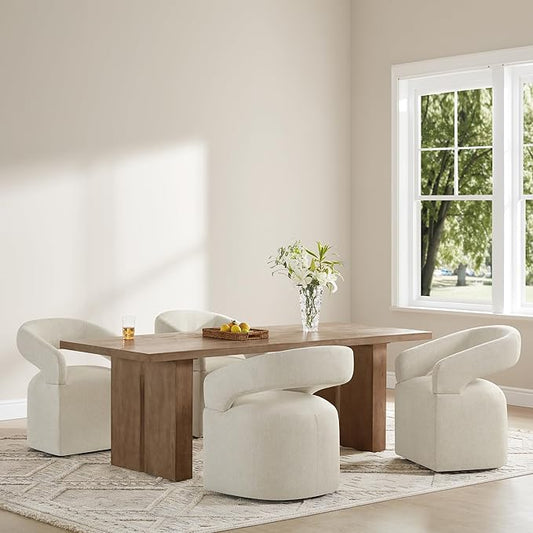 KISLOT Upholstered Dining Chairs with Casters, Modern Barrel Side Armchair with Rollers for Dining Room, Bedroom, Kitchen, Reading Room, Cream Beige, Set of 4