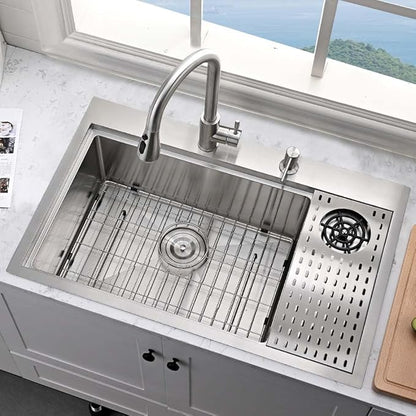Stainless Steel Kitchen Sink with Cup Washer-Hovheir 31x20 Drop In Top Mount Kitchen Sink Workstation 16 Gauge Stainless Steel Single Bowl Deep Sinks Over Mount Sinks with Glass Rinser, Cutting board