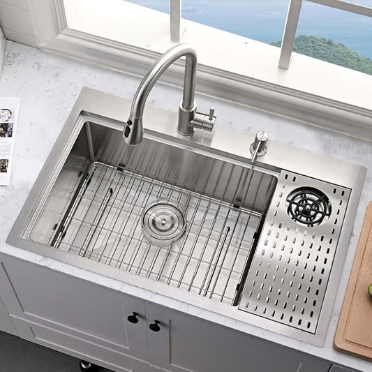 Stainless Steel Kitchen Sink with Cup Washer-Hovheir 31x20 Drop In Top Mount Kitchen Sink Workstation 16 Gauge Stainless Steel Single Bowl Deep Sinks Over Mount Sinks with Glass Rinser, Cutting board