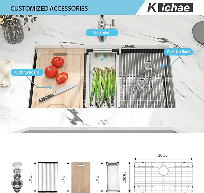 Kichae 30 Undermount Kitchen Sink - 30x18 Undermount Sink Ledge Workstation 16 Gauge Stainless Steel Deep Single Bowl Under Counter Handmade Basin