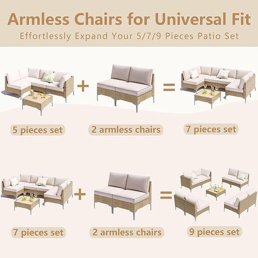 2-Piece Patio Furniture Set, Outdoor Wicker Sectional Sofa with Coffee Table, Anti-Slip & Thick All-Weather Cushions for Party, Poolside, Backyard, Beige