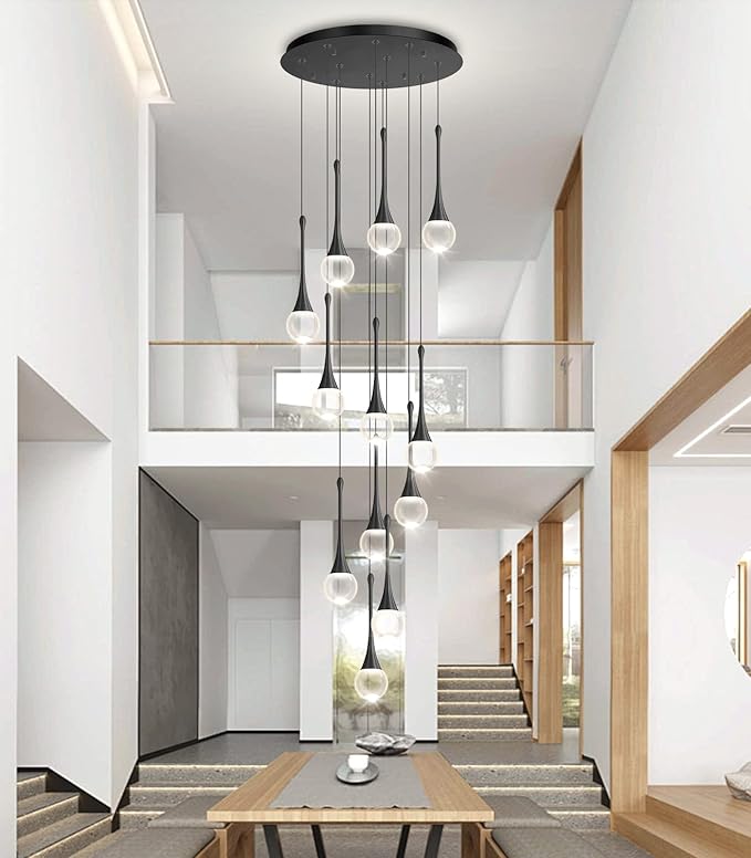 12 Light High Ceiling Crystal Chandelier Dimmable LED Pendant Lights with Remote Adjustable Chandeliers for Foyer Staircase Living Room Black