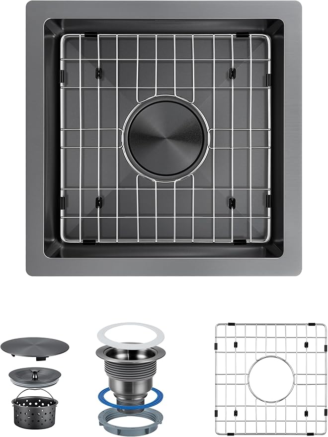 18x18 Black Bar Sink Undermount, Nano PVD Stainless Steel Single Bowl Square Deep Wet Bar & Prep Under Counter Small Kitchen Sinks with Grid (Gunmetal Black)