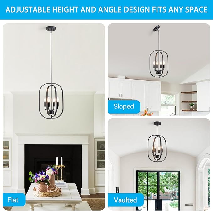 XINGQI Modern Chandeliers for Dining Room, 12.2" Farmhouse Rustic Geometric Pendant Lighting Fixture Metal Black 4-Light Ceiling Lamp for Entryway Bedroom Hallway Foyer Kitchen Office Bar