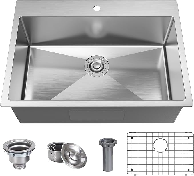 28 x 20 Inch Drop In Kitchen Bar Sink, Small Kitchen Sink Single Bowl Topmount Bar Prep Sink 18 Gauge Stainless Steel Bar Sink with Grid and Basket Strainer