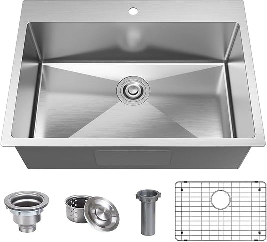 28 x 20 Inch Drop In Kitchen Bar Sink, Small Kitchen Sink Single Bowl Topmount Bar Prep Sink 18 Gauge Stainless Steel Bar Sink with Grid and Basket Strainer