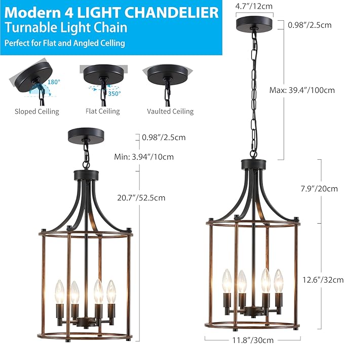 XINGQI Farmhouse Chandeliers for Dining Room,4 Light Hanging Lantern Black Wood Finish Pendant Lighting Fixture for Staircase Foyer Kitchen Island Dinning Room Living Room