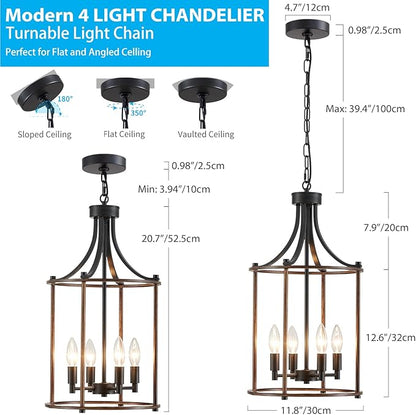 XINGQI Farmhouse Chandeliers for Dining Room,4 Light Hanging Lantern Black Wood Finish Pendant Lighting Fixture for Staircase Foyer Kitchen Island Dinning Room Living Room